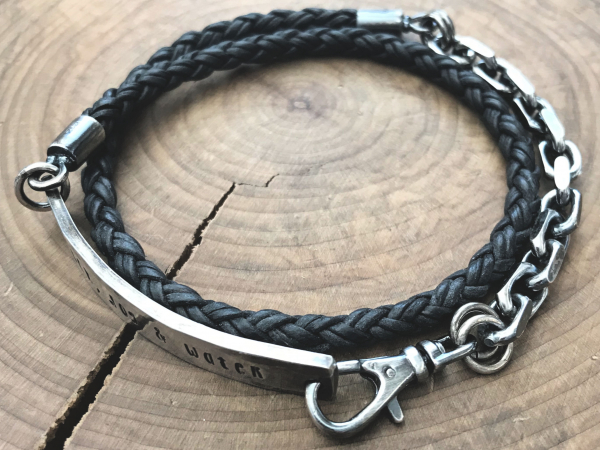men's personalized leather and silver bracelet