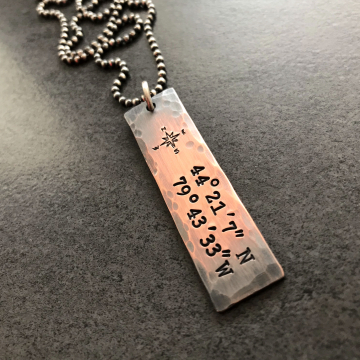 Custom Coordinates Men's Necklace, Personalized Compass Necklace, Hand Stamped Necklace, Copper And Silver, PTW Inspiration Jewelry - Wanderlust Necklace